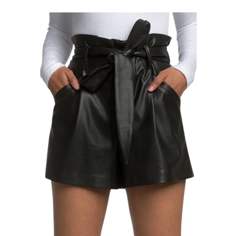 Women's Sen Black Faux Leather Paper Bag Shorts